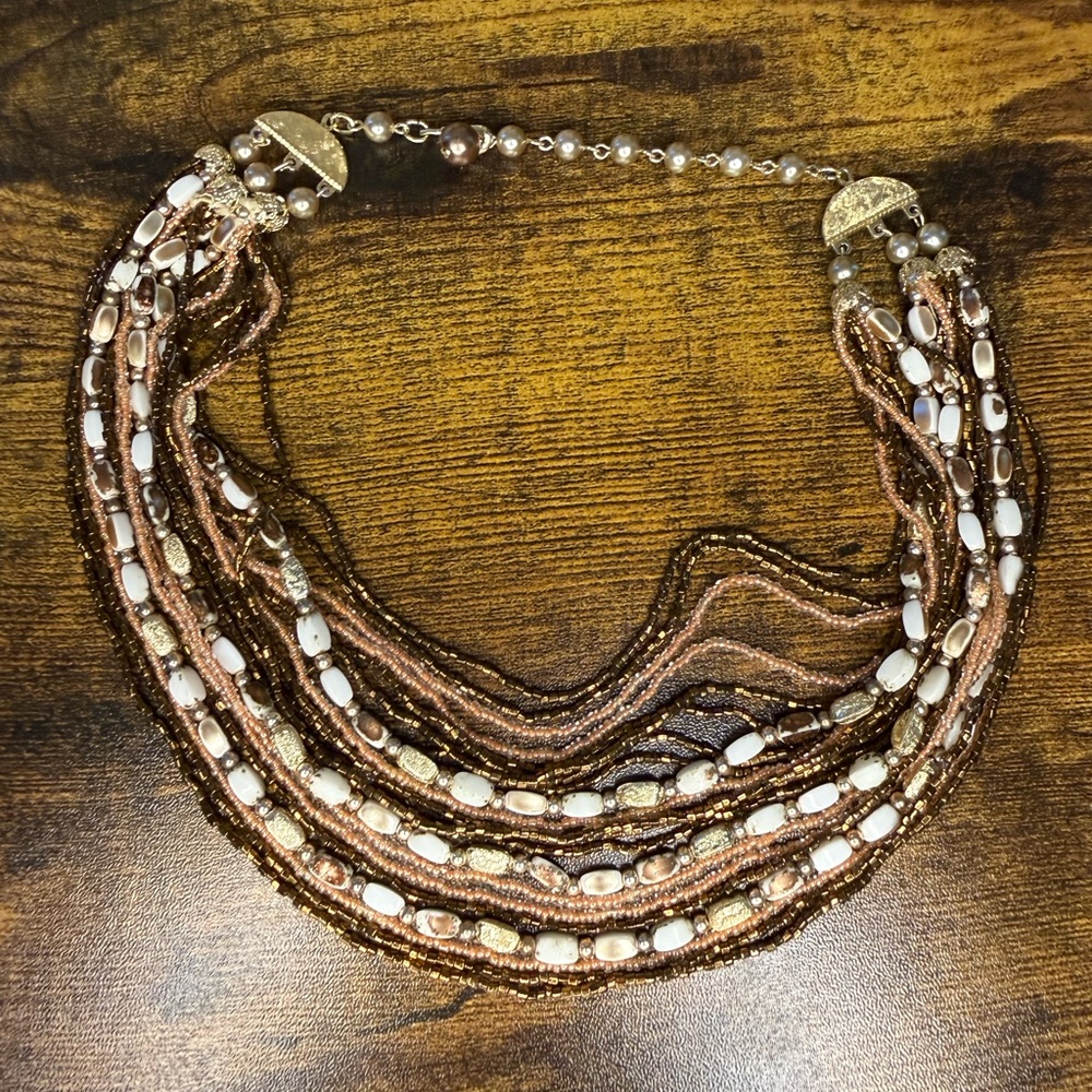 Bohemian Layered Brown, White & Gold Beaded Statement Necklace